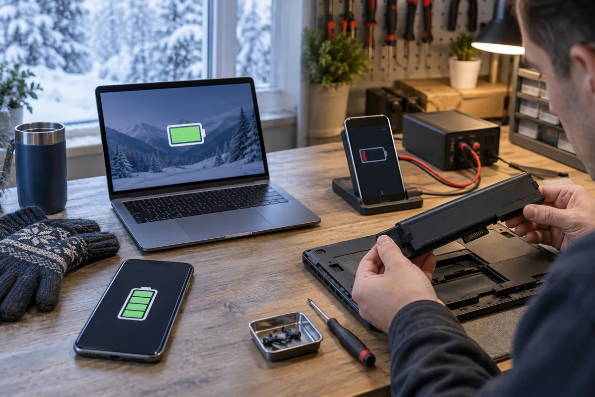 Un technicien compare un effet temporaire du froid avec une batterie de portable vieillissante pendant un diagnostic.
