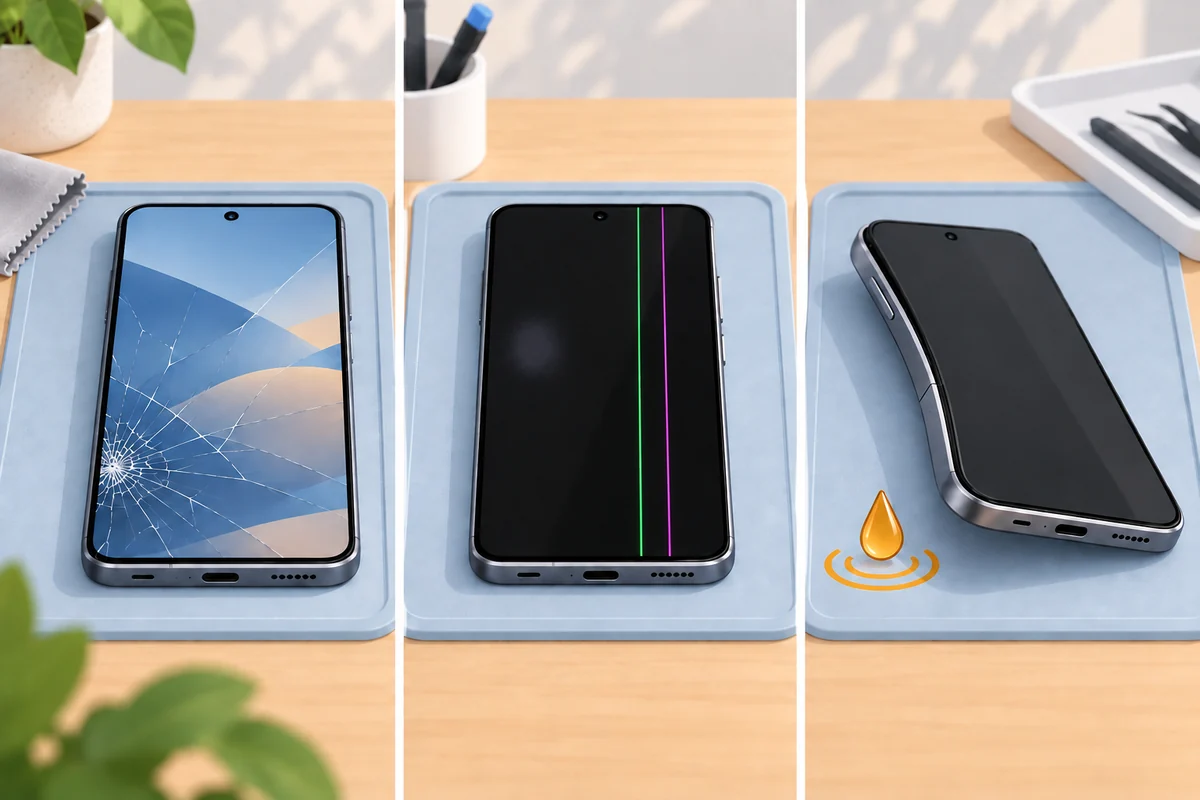 Three Pixel-style phones showing cracked glass, OLED line damage and a bent frame with possible liquid exposure.