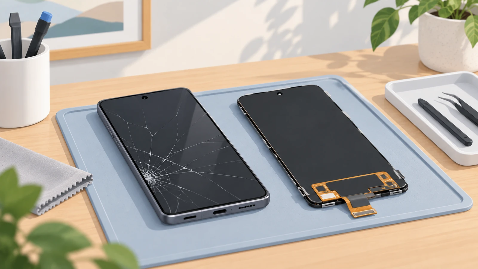 Two smartphones on a repair tray on a wooden desk: one with a cracked screen and the other showing its detached screen and flex cable, with repair tools nearby.