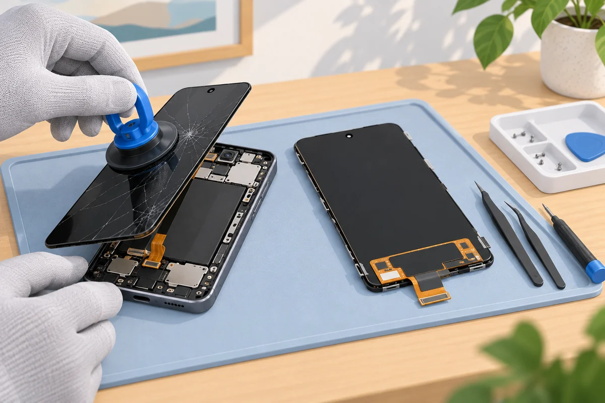 Technician lifting a cracked Pixel-style display assembly from a smartphone while a replacement screen rests beside it.
