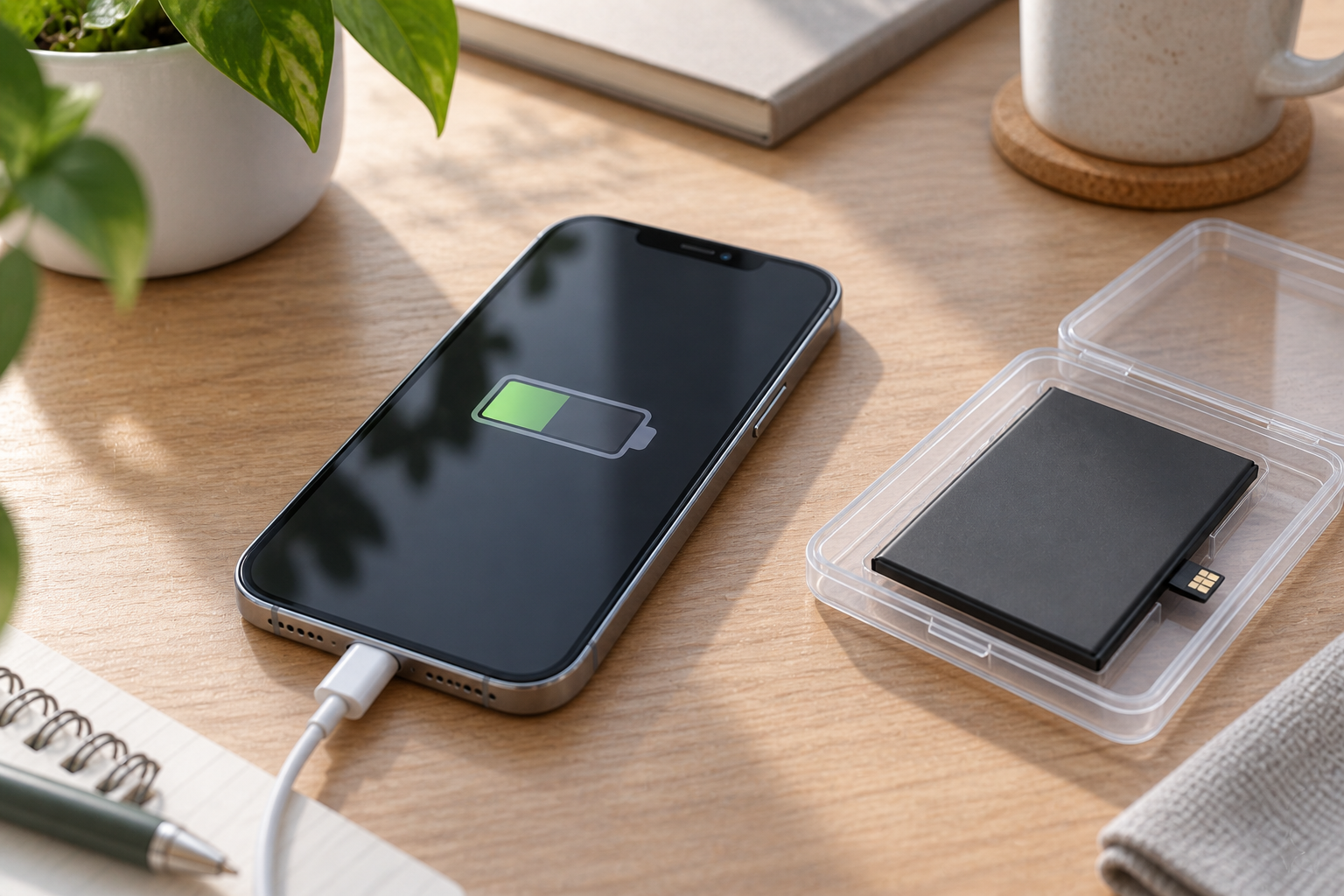 iPhone à côté d'une cellule de batterie et d'une jauge partiellement remplie représentant une capacité maximale réduite.