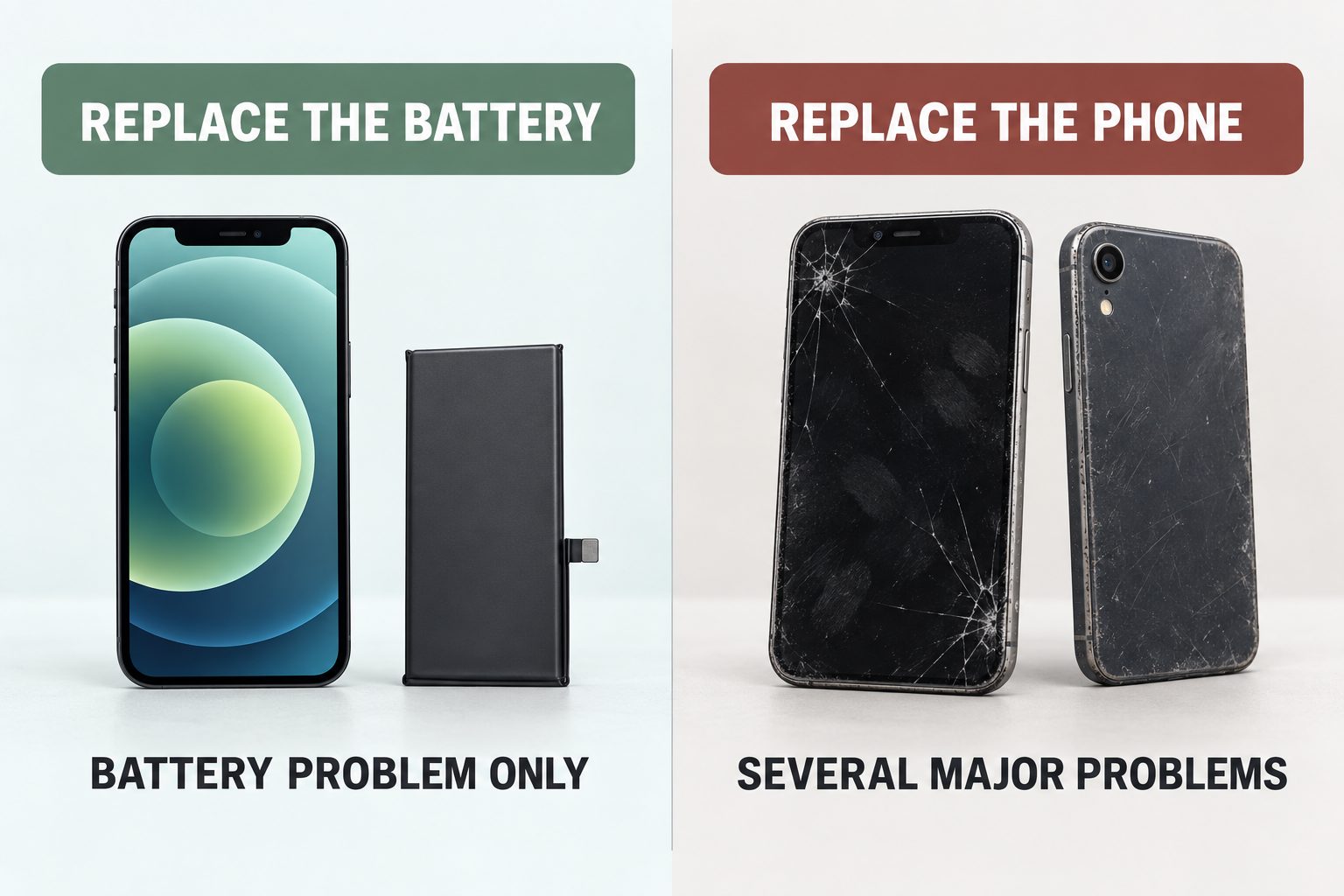 Infographie à deux colonnes comparant le remplacement de la batterie avec le remplacement d'un iPhone qui présente plusieurs problèmes importants.