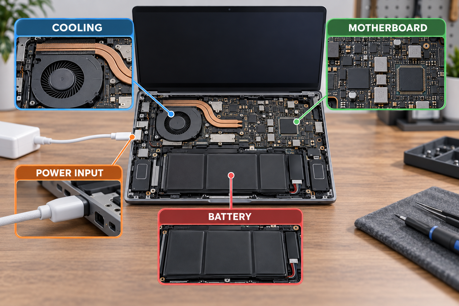 Four-part diagnostic infographic comparing battery, power input, cooling and motherboard causes of random laptop shutdowns.