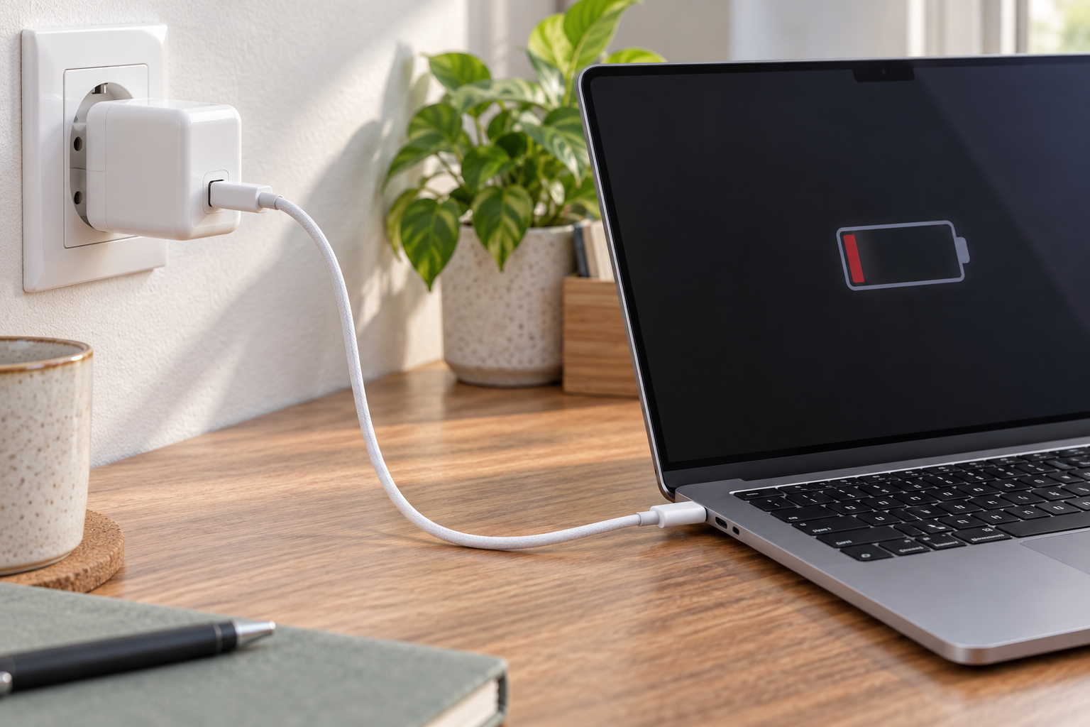 Configuration de recharge d'un MacBook avec prise murale, adaptateur et câble USB-C disposés pour une vérification étape par étape.