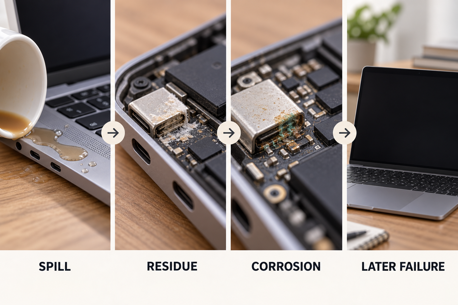 Four-stage infographic showing how a spill can leave residue, cause corrosion and lead to a later MacBook failure.