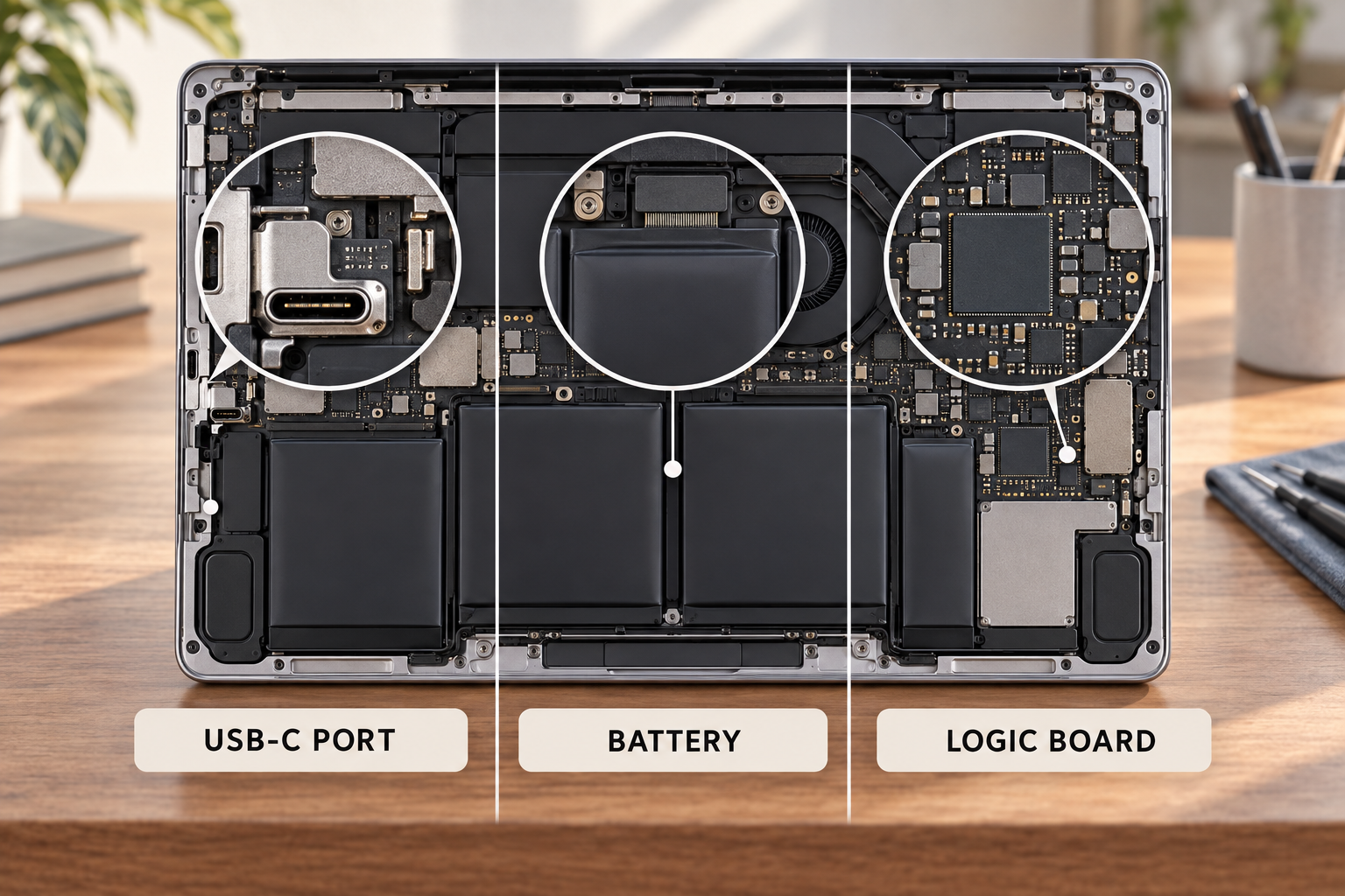 Infographie en trois parties comparant le port USB-C, la batterie et la carte logique comme causes possibles d'un problème de recharge de MacBook.
