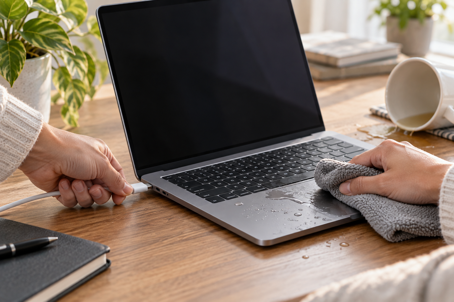 Hands disconnecting a MacBook charger and blotting liquid from the exterior without powering the laptop back on.