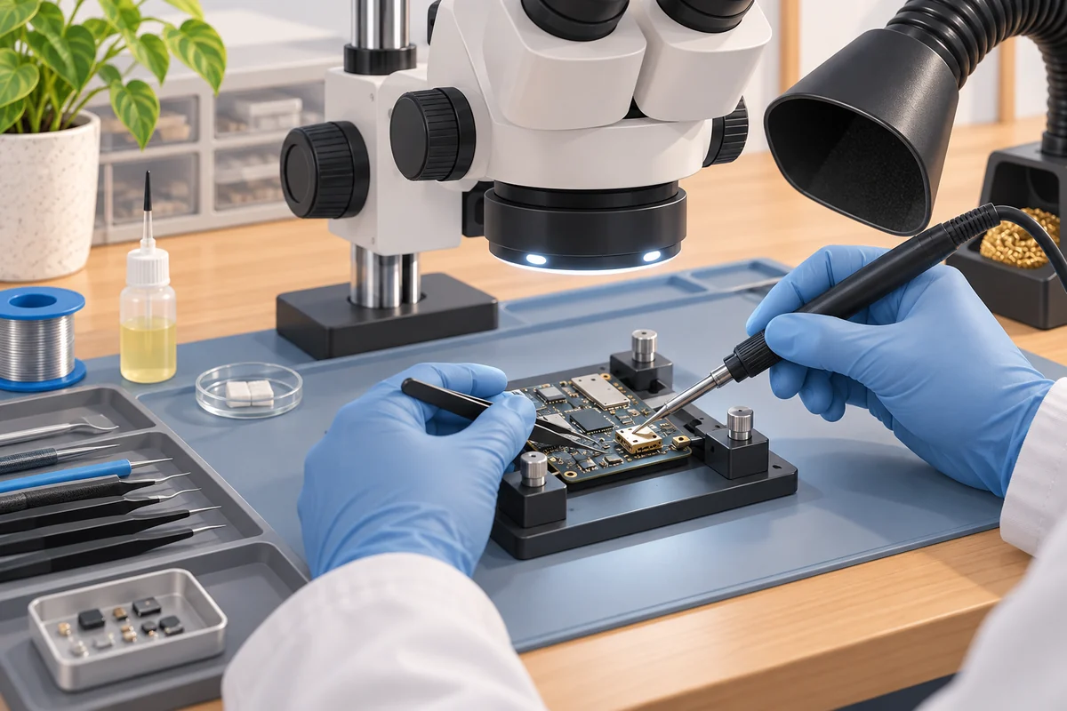 Technician using a microscope, soldering iron and tweezers to repair a small circuit-board connector.