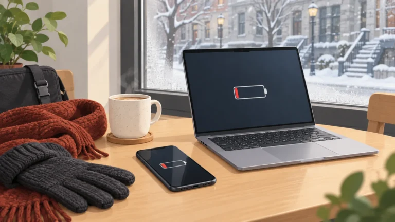 Phone and laptop indoors beside winter gloves with snow outside, illustrating cold-weather battery performance in Montréal.
