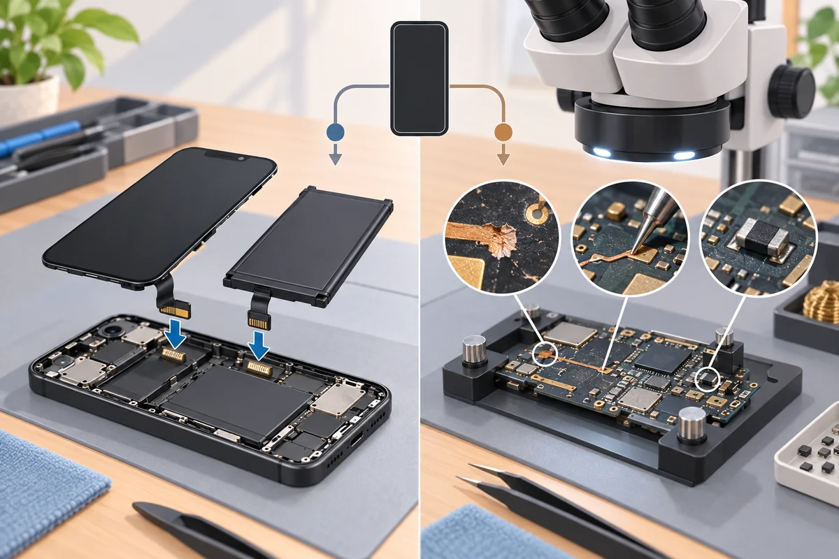 Comparison of modular screen and battery replacement with magnified board-level connector and trace repair.