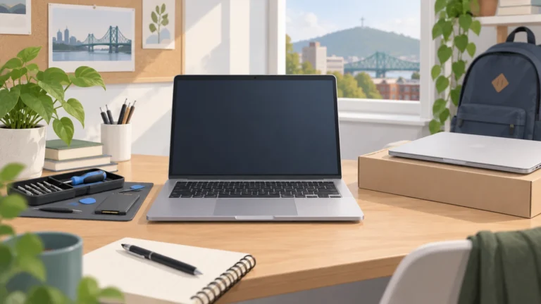 Student desk with a laptop, repair tools, notebooks and a replacement computer, illustrating a repair-or-replace decision.