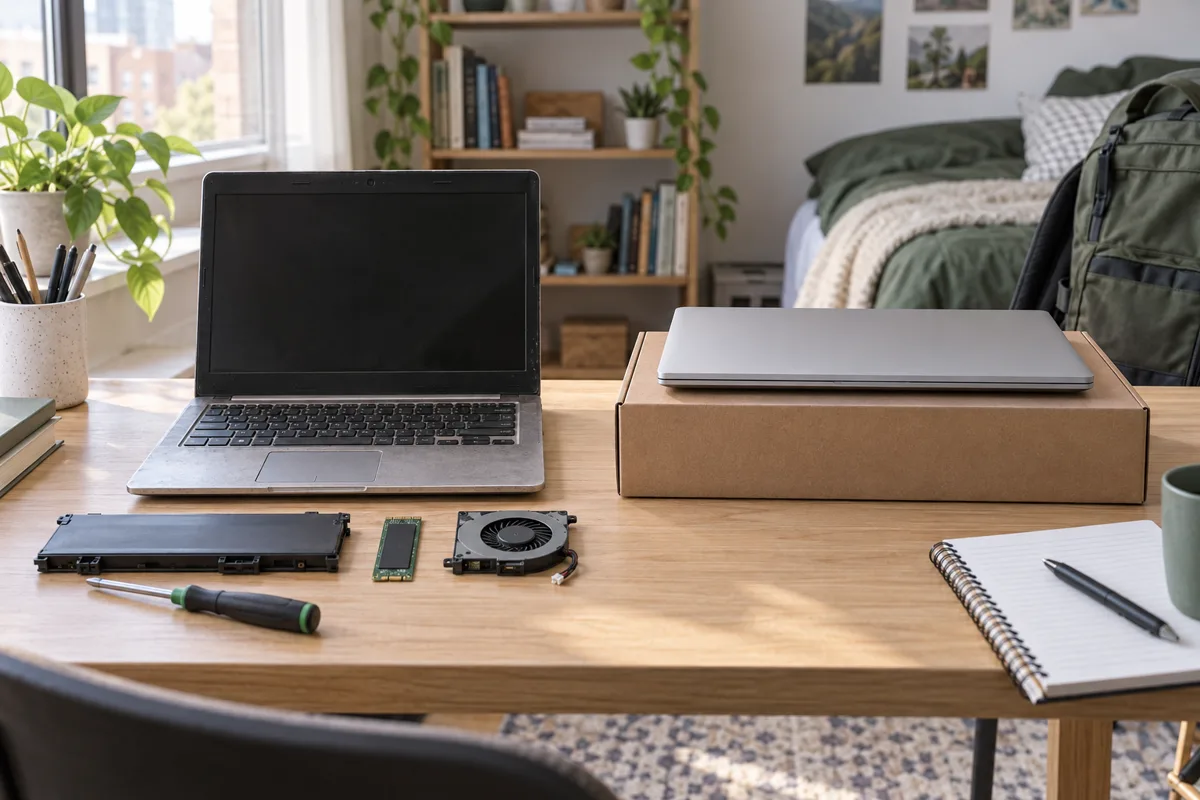 Older laptop with serviceable battery, storage and cooling parts beside a boxed replacement laptop on a student desk.