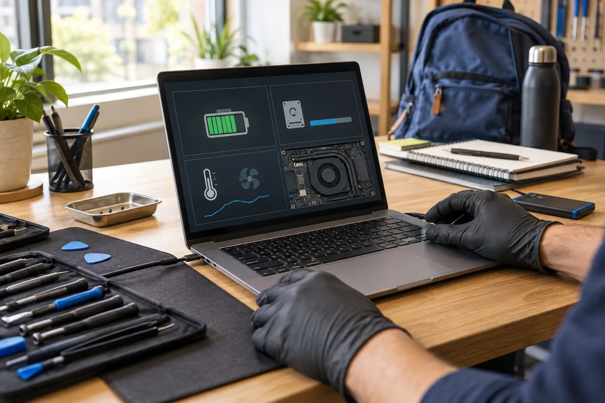 Technician evaluating a student laptop battery, storage and cooling before a repair-or-replace decision.