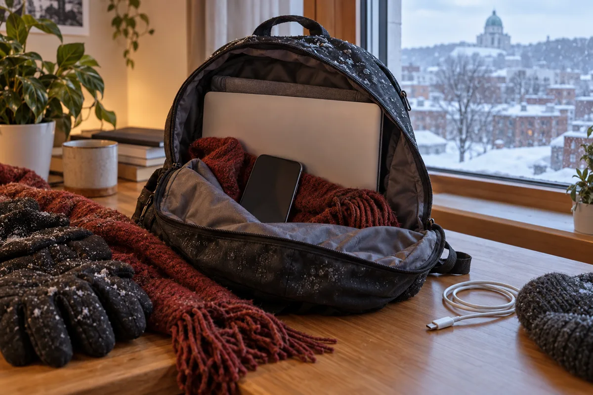 Un téléphone et un portable se réchauffent à l'intérieur dans un sac ouvert après un déplacement dans la neige, avant la recharge.
