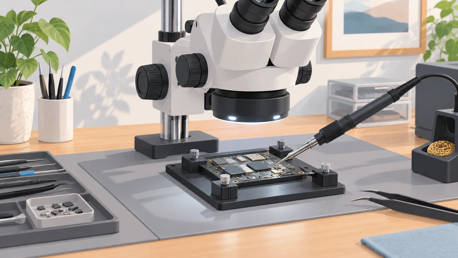 Microscope inspecting and soldering a small circuit board on a workbench with precision tools nearby.
