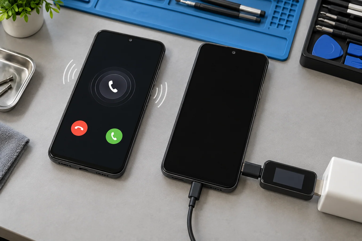 Deux téléphones sont comparés pour distinguer un écran noir d'une véritable absence d'alimentation.