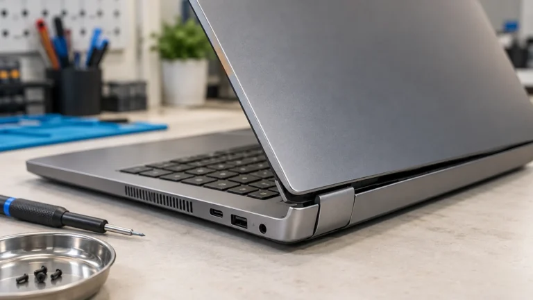 Loose laptop hinge separating the display cover from the base on a repair bench.