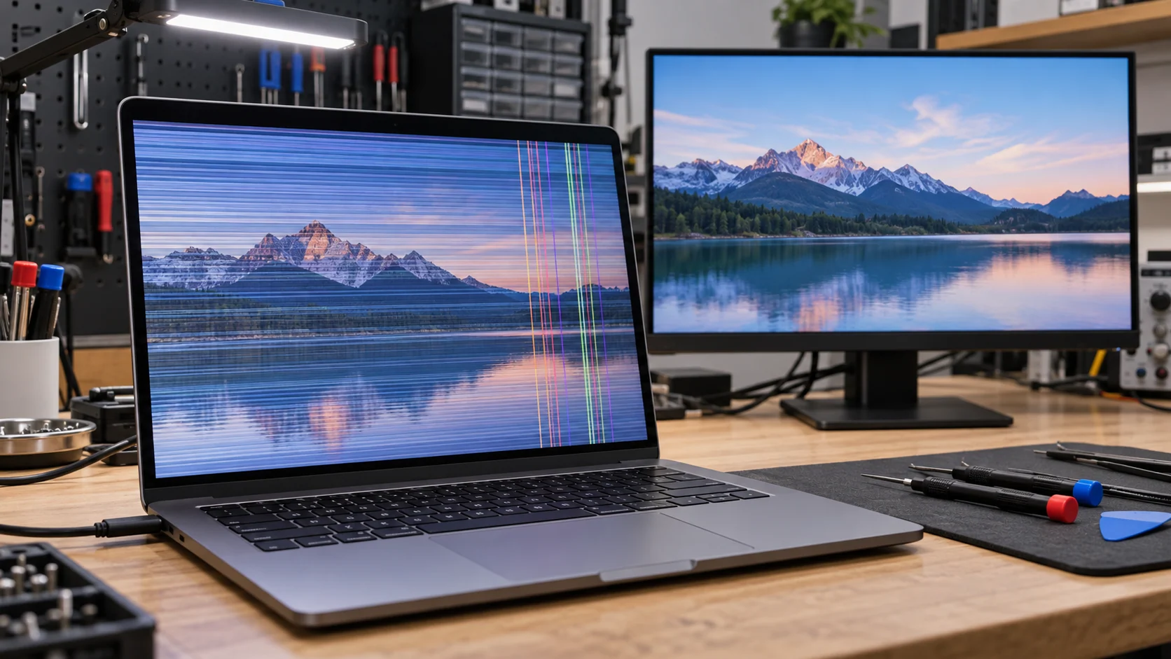 Laptop with flickering lines beside a stable external monitor during display diagnosis.