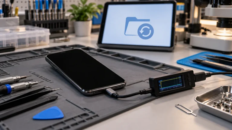 Powered-off phone connected to diagnostic equipment during a data-first assessment.