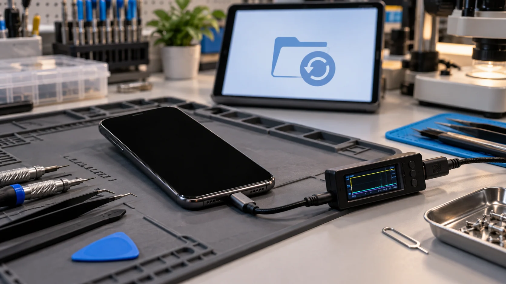 Powered-off phone connected to diagnostic equipment during a data-first assessment.