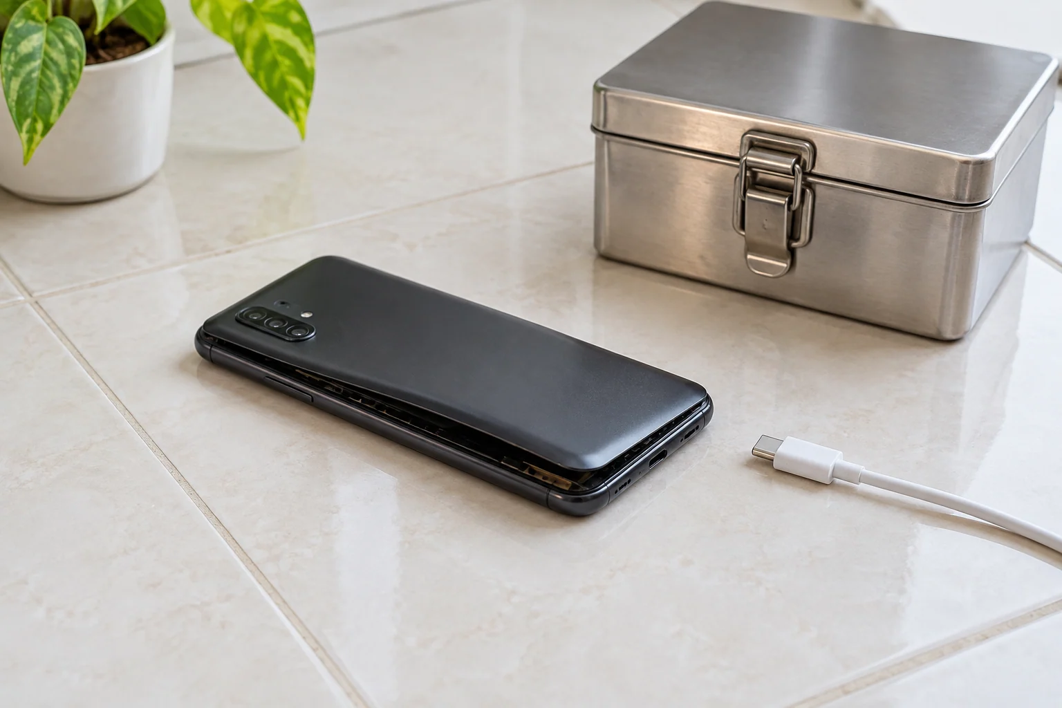 Téléphone éteint au couvercle soulevé isolé sur une tuile, avec le câble de recharge débranché.
