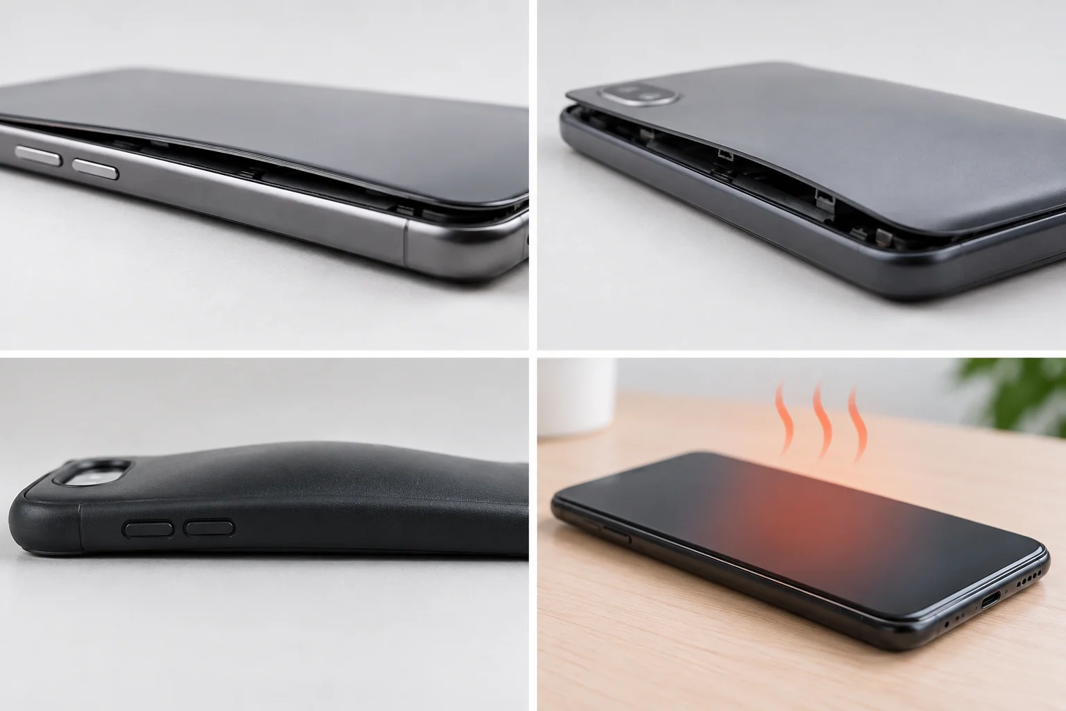 Quatre signes visuels d'une batterie de téléphone gonflée, dont un boîtier soulevé et une chaleur inhabituelle.