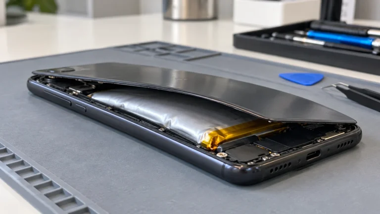 Swollen phone battery lifting the back cover on a disconnected device at a repair bench.